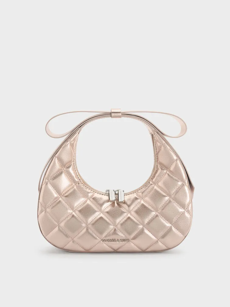 Charles & Keith _ ROSE GOLD- Janie Metallic Quilted Bow-Handle Bag _ ₹8,999
